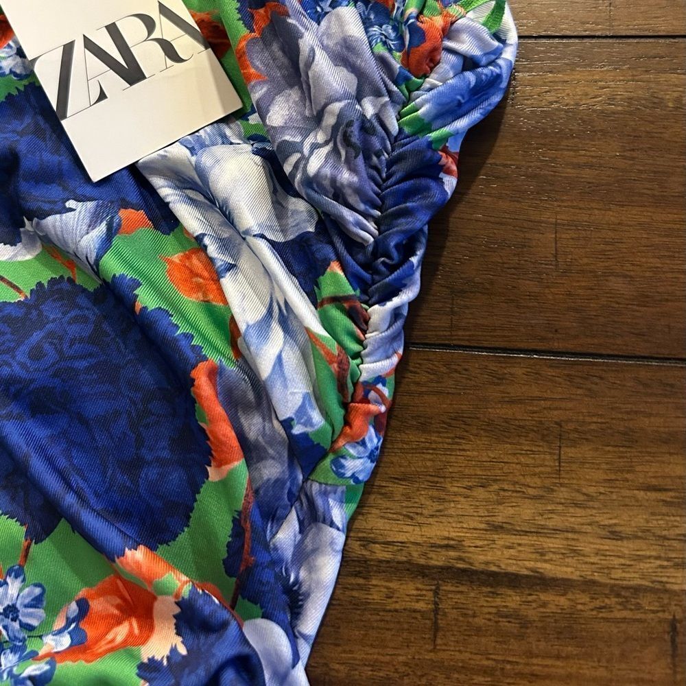 ZARA Bodysuit Size Small Asymmetrical Floral Blue Stretchy One Shoulder NEW - Picture 5 of 10